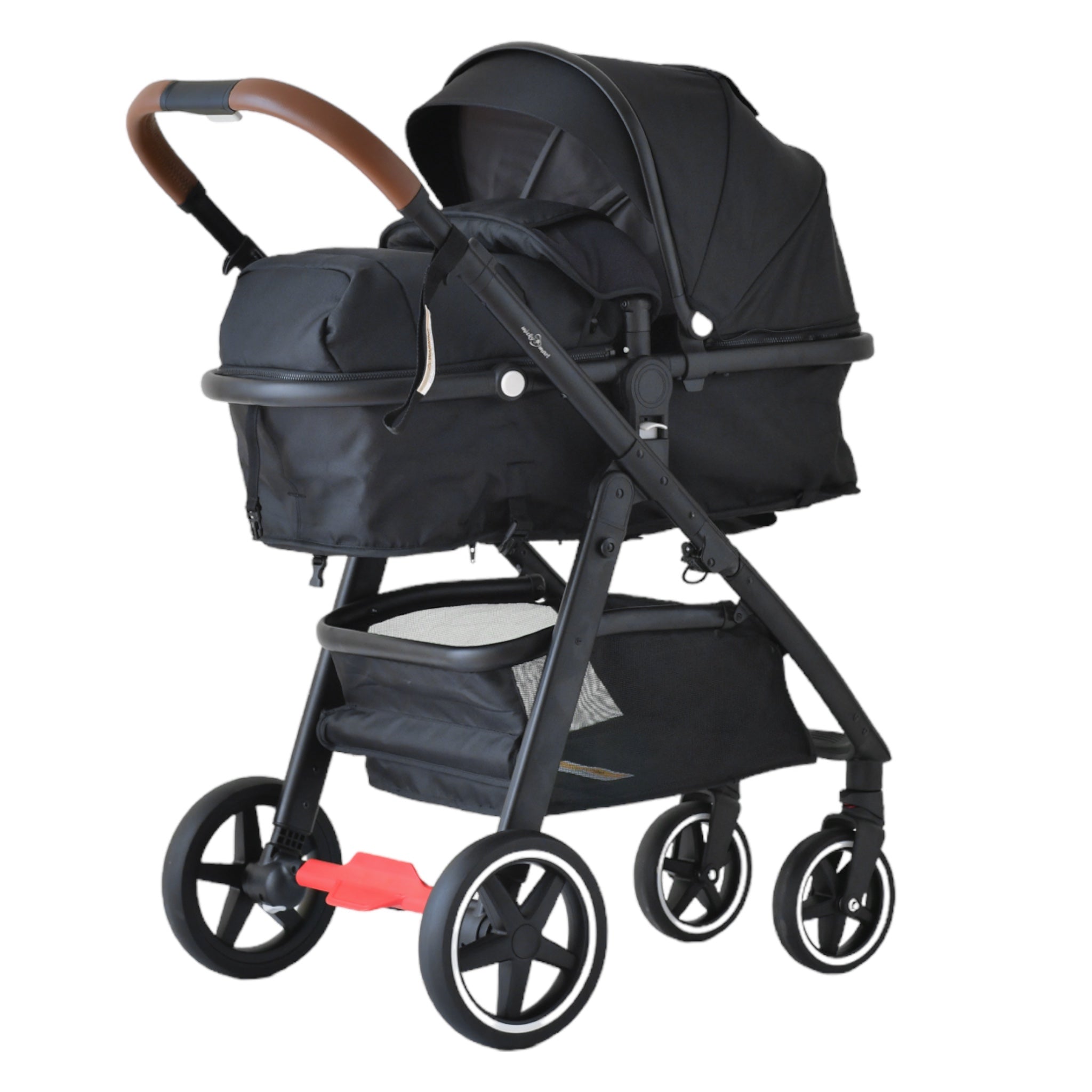 Micky Mart Baby Pram / Stroller 2 in 1 Convertible Bassinet Leather Handle -Black