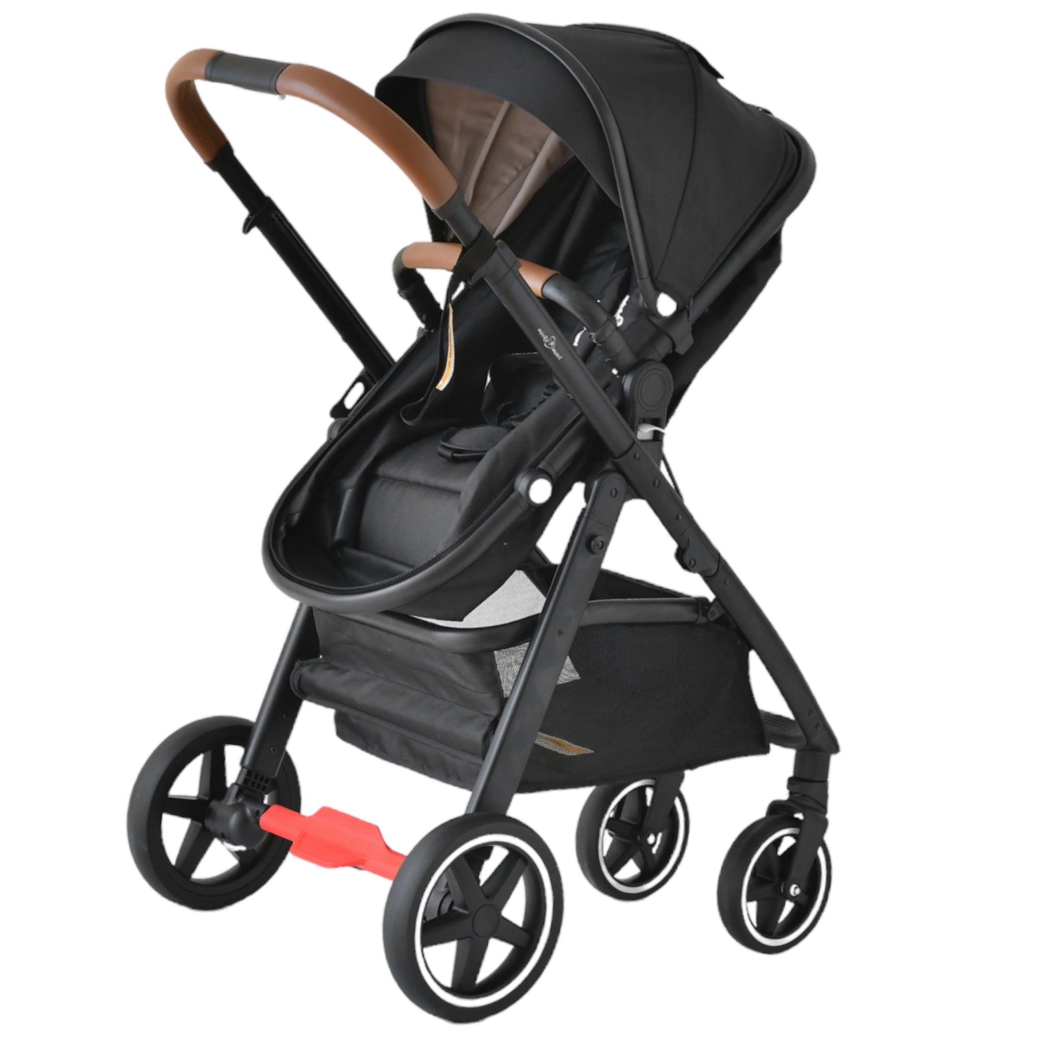 Micky Mart Baby Pram / Stroller 2 in 1 Convertible Bassinet Leather Handle -Black