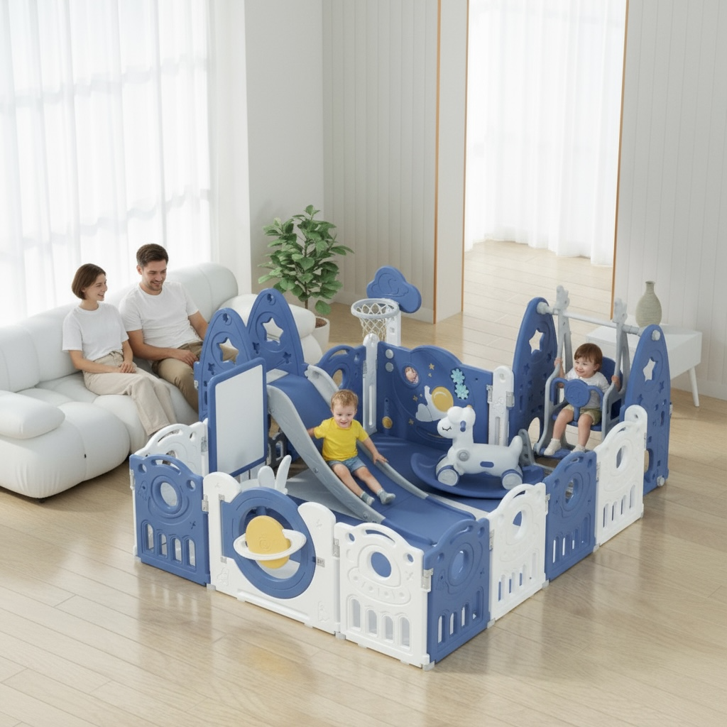 Kids Space Playpen With Slide Swing And Easel Entertainment Fun And Rocking Horse 180*200cm