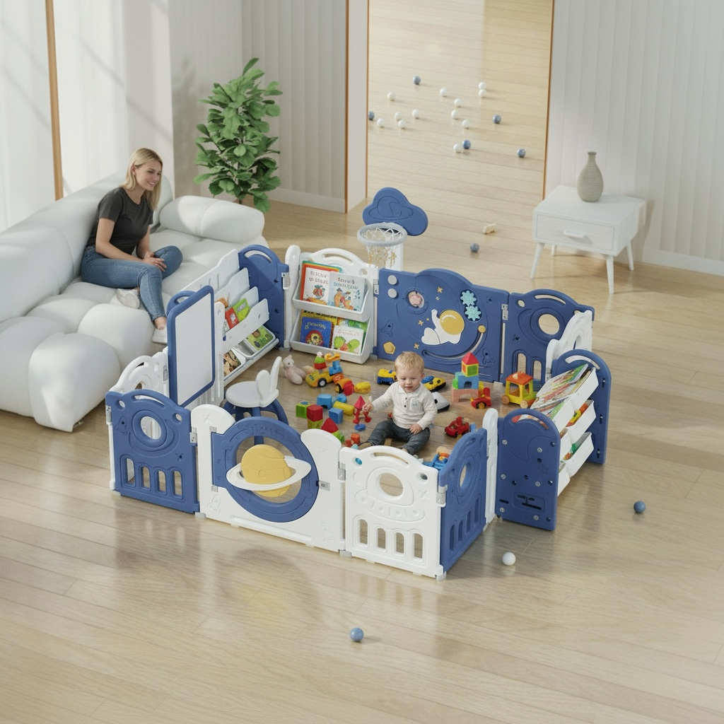 Educational Kids Space Playpen 180*200cm Activity Centre Fence Safety Toy Storage Bookshelf Easel