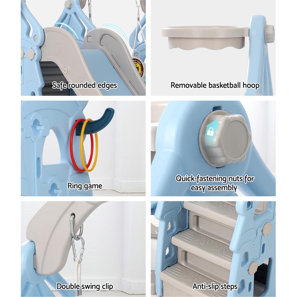 Keezi 5-in-1 Kids Slide & Swing Play Set with Basketball Hoop and Ring Game - Blue