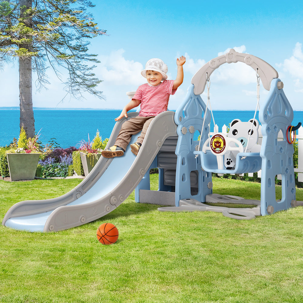 Keezi 5-in-1 Kids Slide & Swing Play Set with Basketball Hoop and Ring Game - Blue