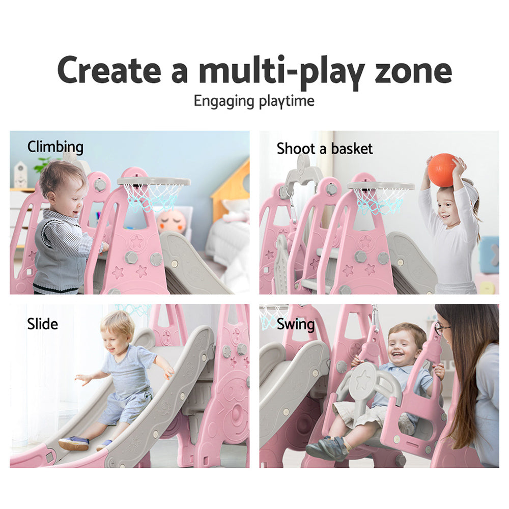 Keezi 3-in-1 Kids Swing & Slide Play Set with Basketball Hoop - Pink