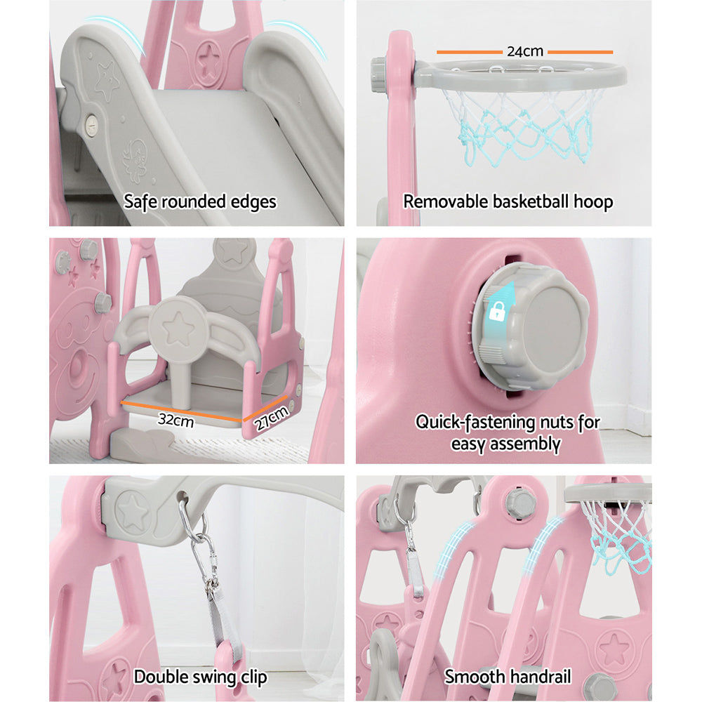 Keezi 3-in-1 Kids Swing & Slide Play Set with Basketball Hoop - Pink