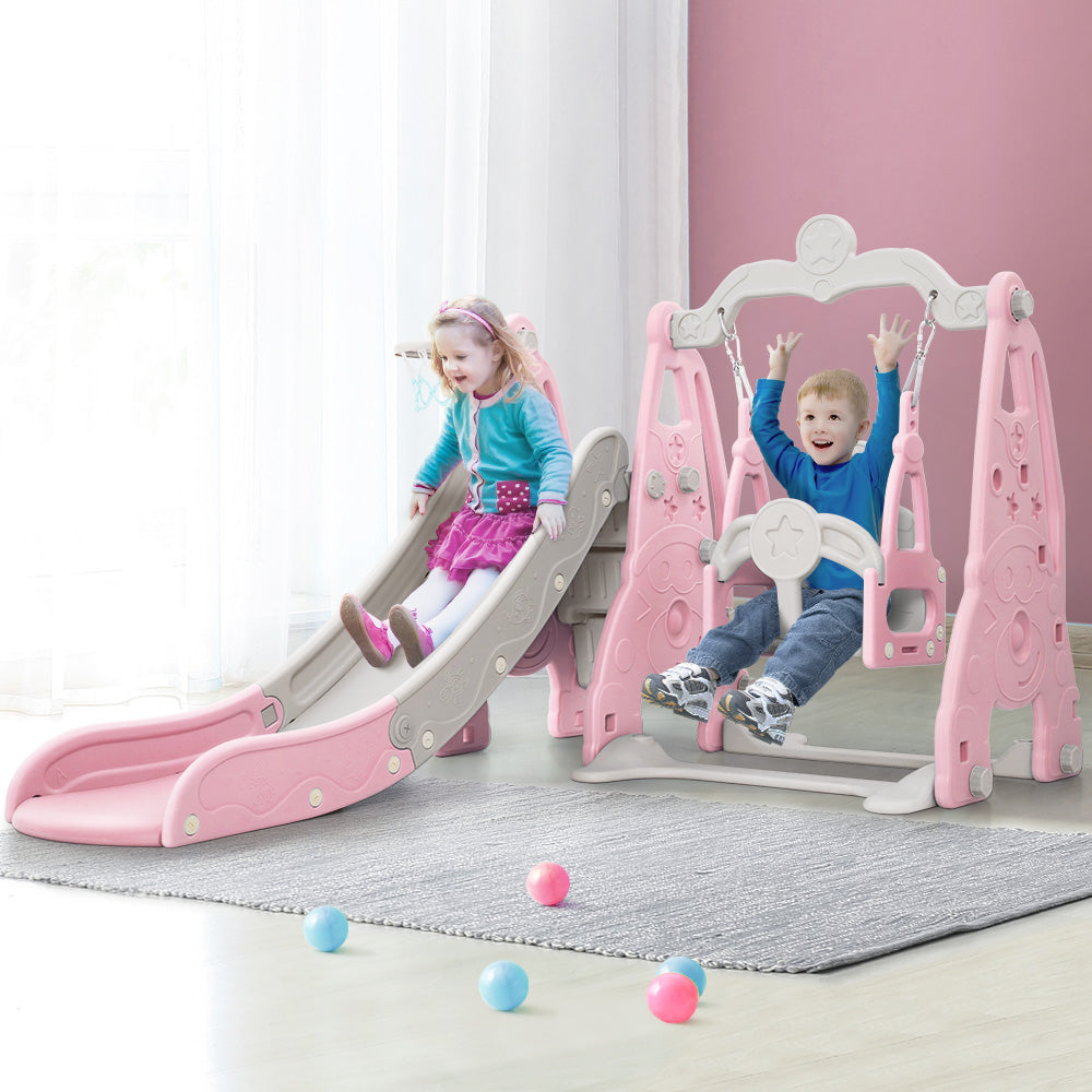 Keezi 3-in-1 Kids Swing & Slide Play Set with Basketball Hoop - Pink