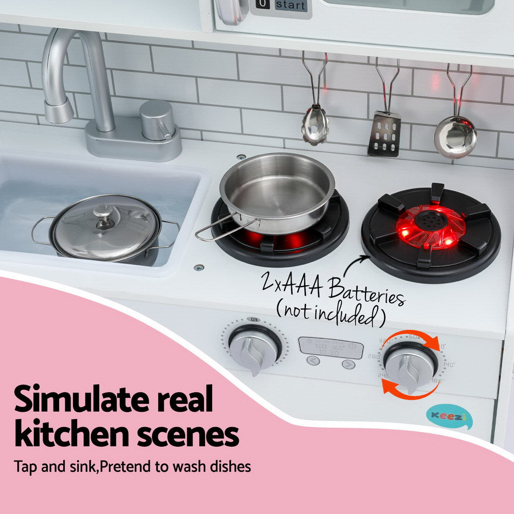 Keezi Kids Wooden Pretend Kitchen Play Set Cooking Toys Pot Ice Cup Oven Blackboard 80CM White