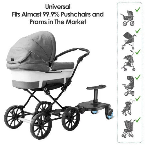 Stroller Ride-On Board with Removable Seat – Safe, Stable & Perfect for Two Kids - Blue Wheel