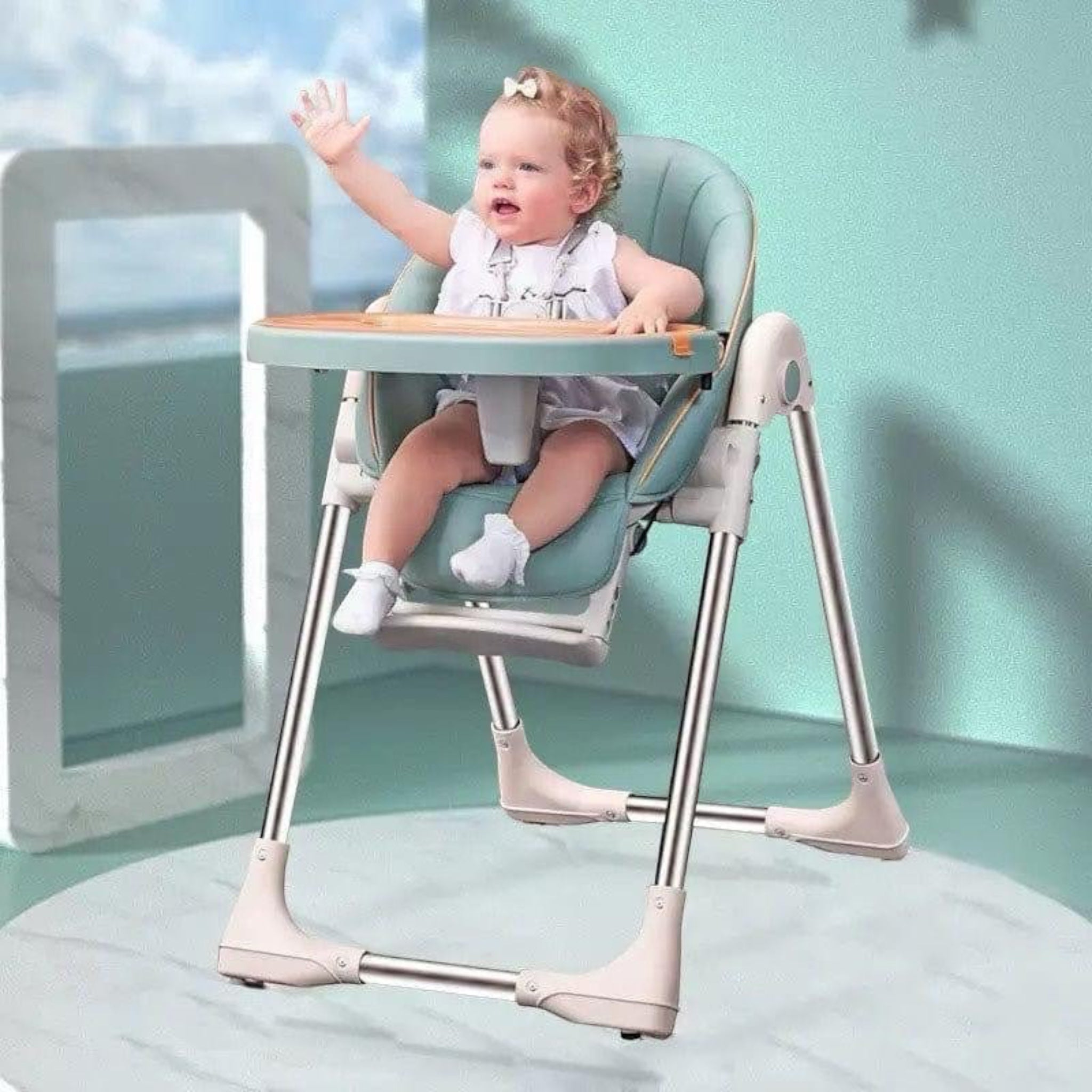 Adjustable baby high chair with feeding table – height and tray settings included
