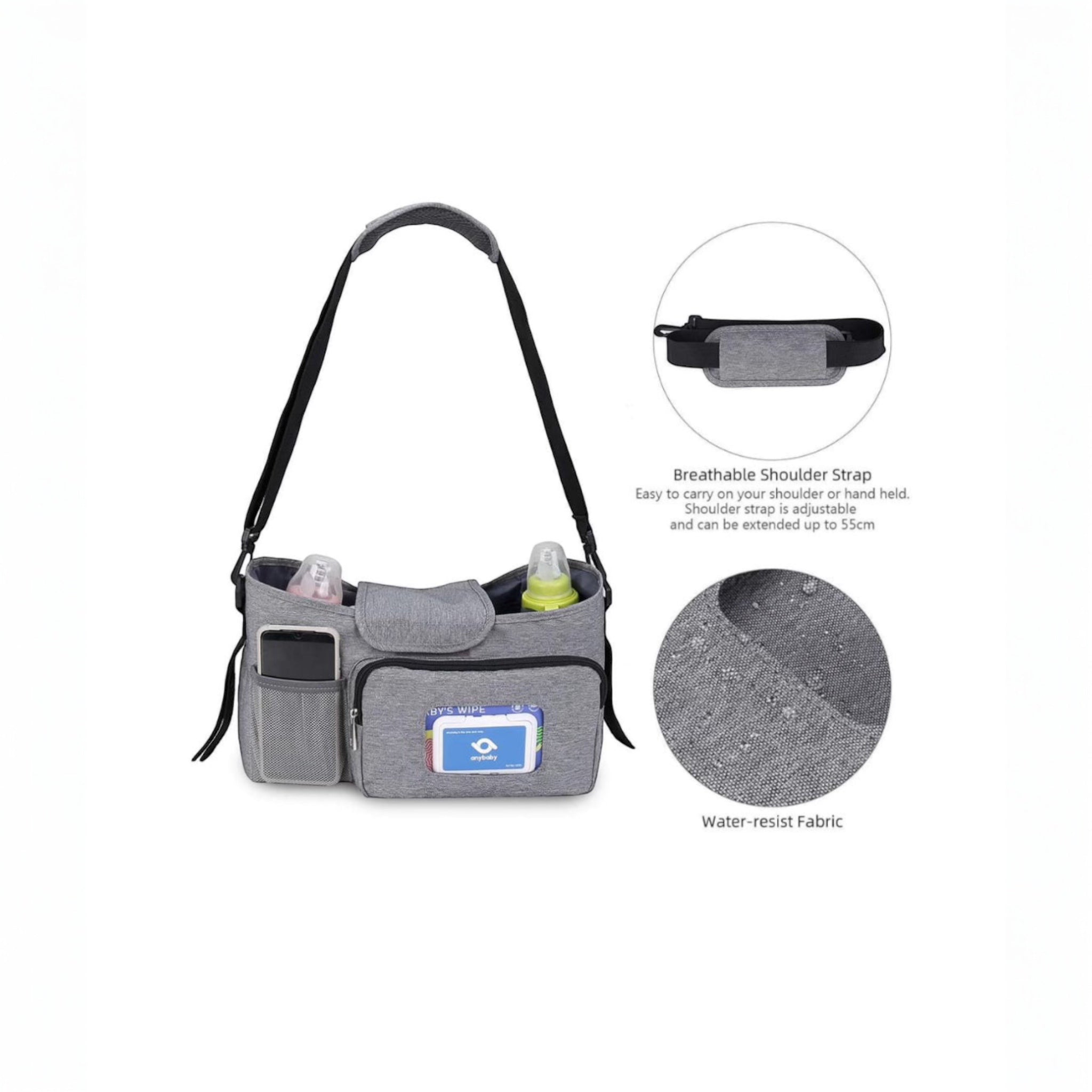 All-in-one stroller organiser bag with dual cup holders and multi-compartment storage