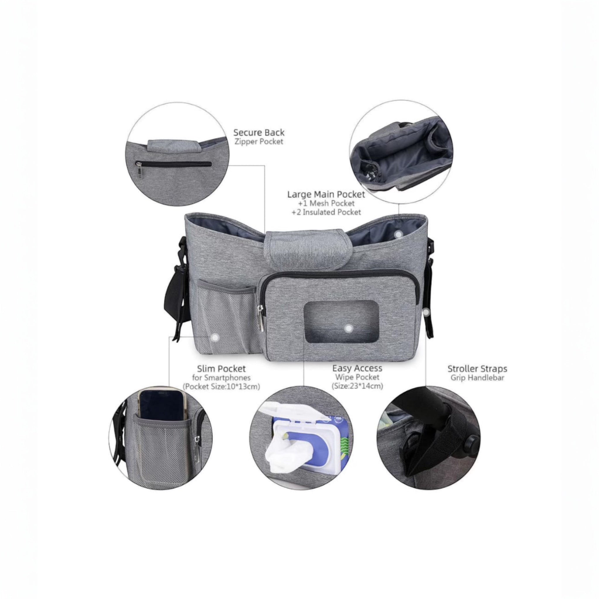 All-in-one stroller organiser bag with dual cup holders and multi-compartment storage