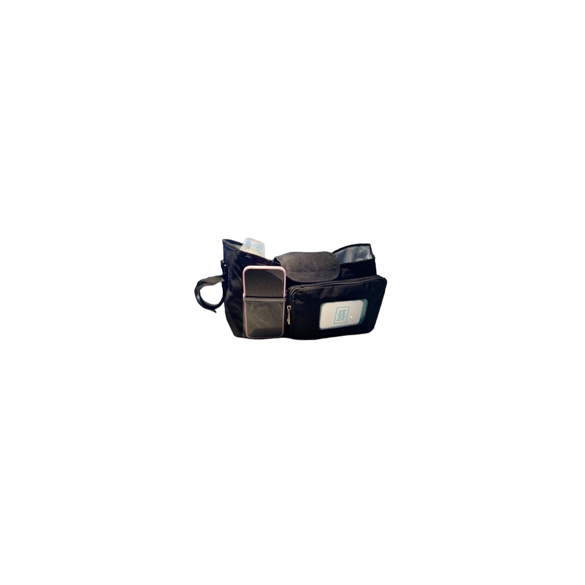 All-in-one stroller organiser bag with dual cup holders and multi-compartment storage