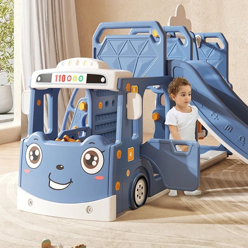 Blue Bus Shape Slide And Swing Playground Indoors And Outdoors Fun - Micky Mart