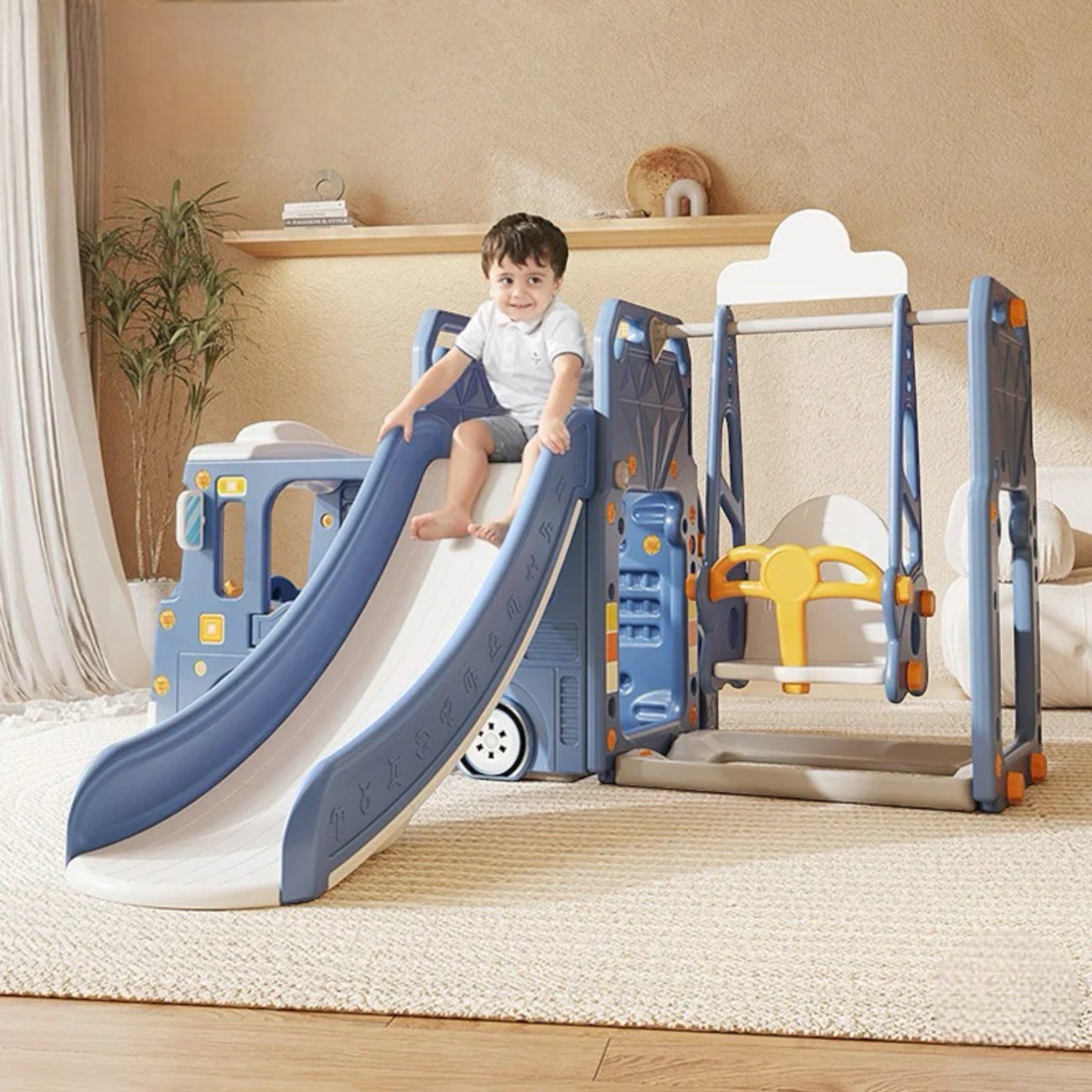 Blue Bus Shape Slide And Swing Playground Indoors And Outdoors Fun - Micky Mart