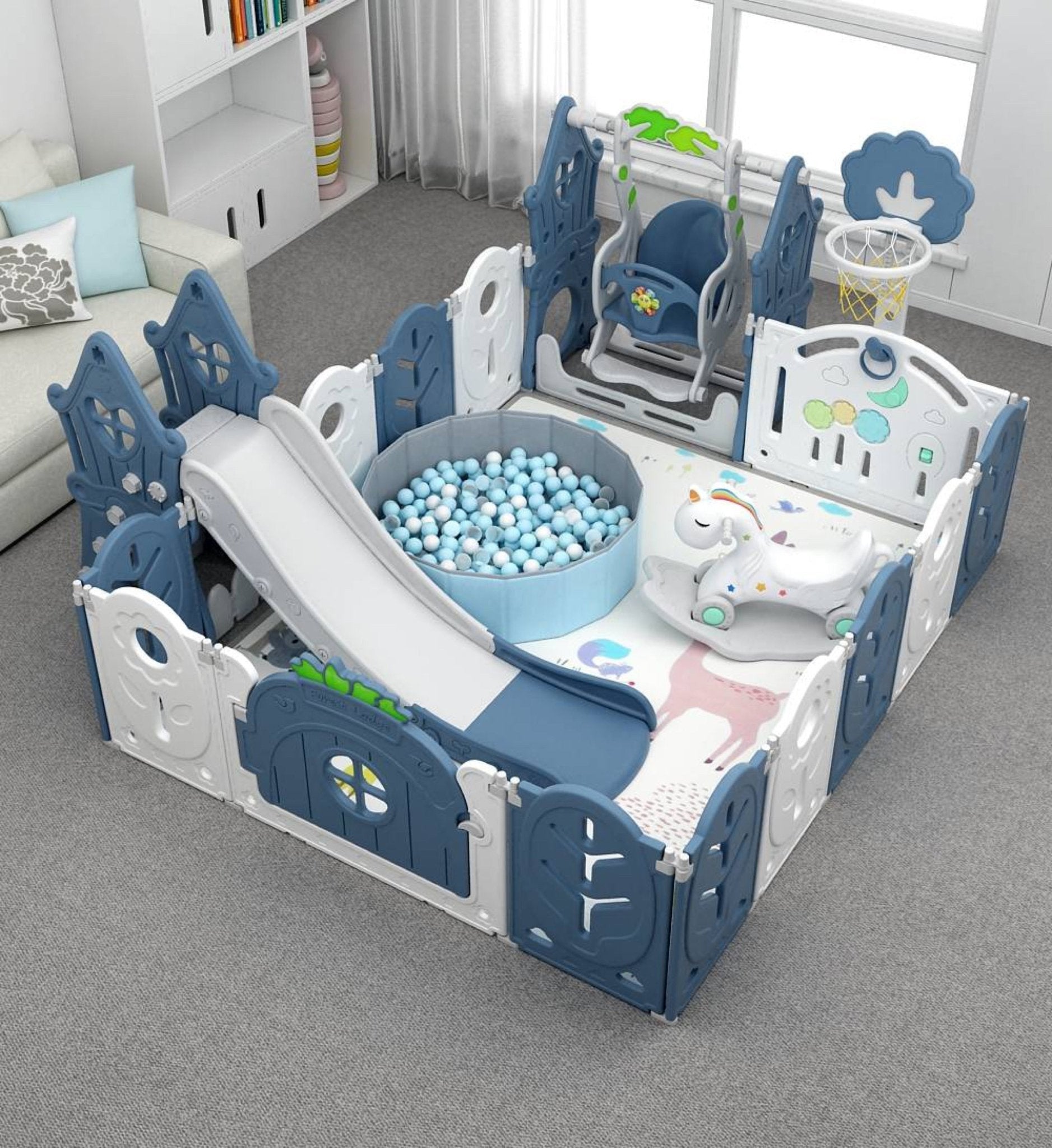 Forest-style Playpen Activity Centre with slide, swing, rocking horse and more! 2.05 metres wide by 1.64 metres deep. - Micky Mart