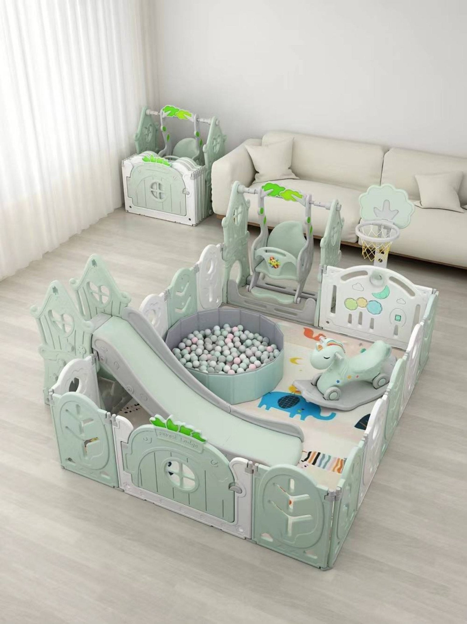 Forest-style Playpen Activity Centre with slide, swing, rocking horse and more! 2.05 metres wide by 1.64 metres deep. - Micky Mart