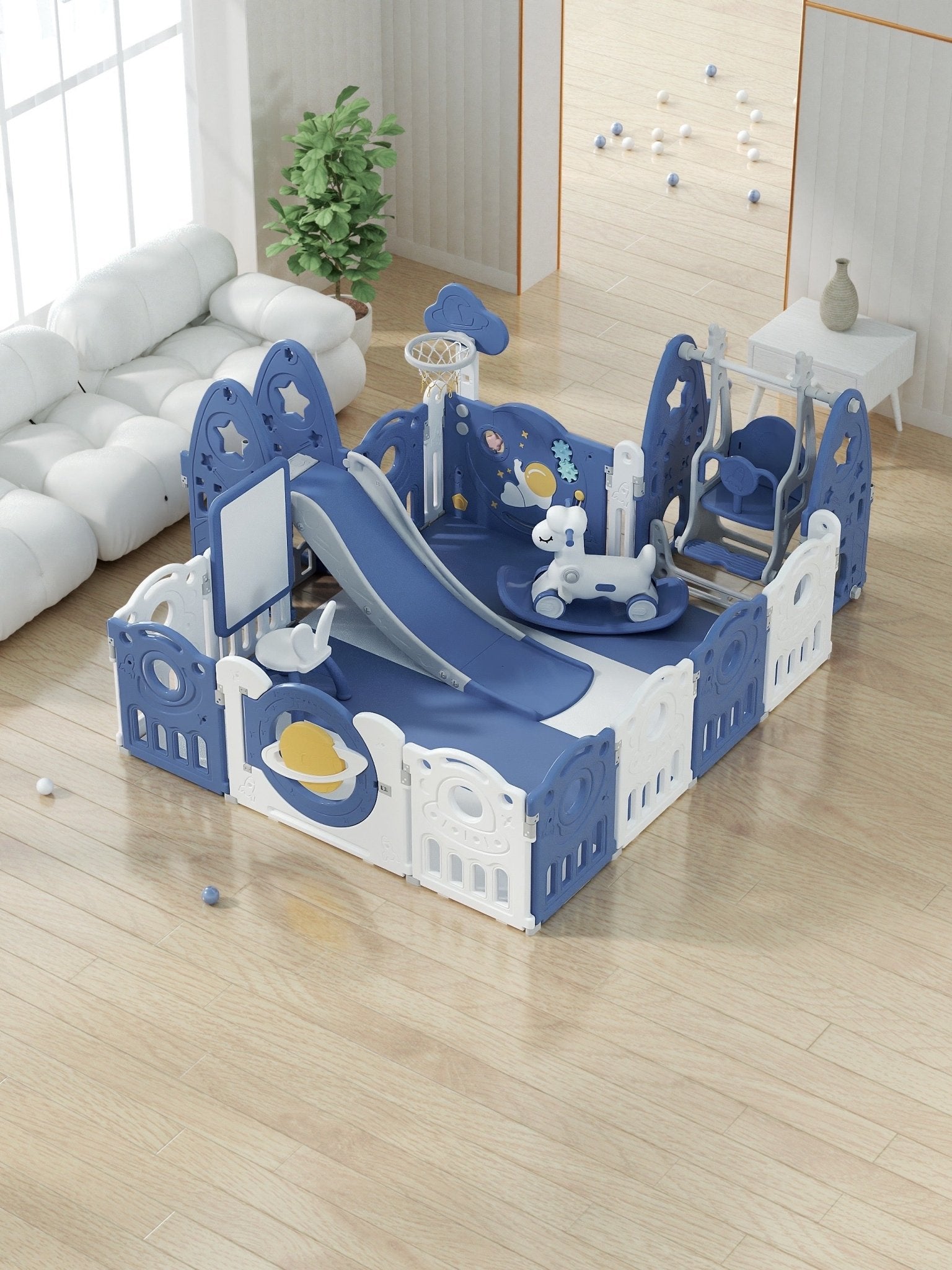 Kids Space Playpen With Slide Swing And Easel Entertainment Fun And Rocking Horse 180*200cm - Micky Mart