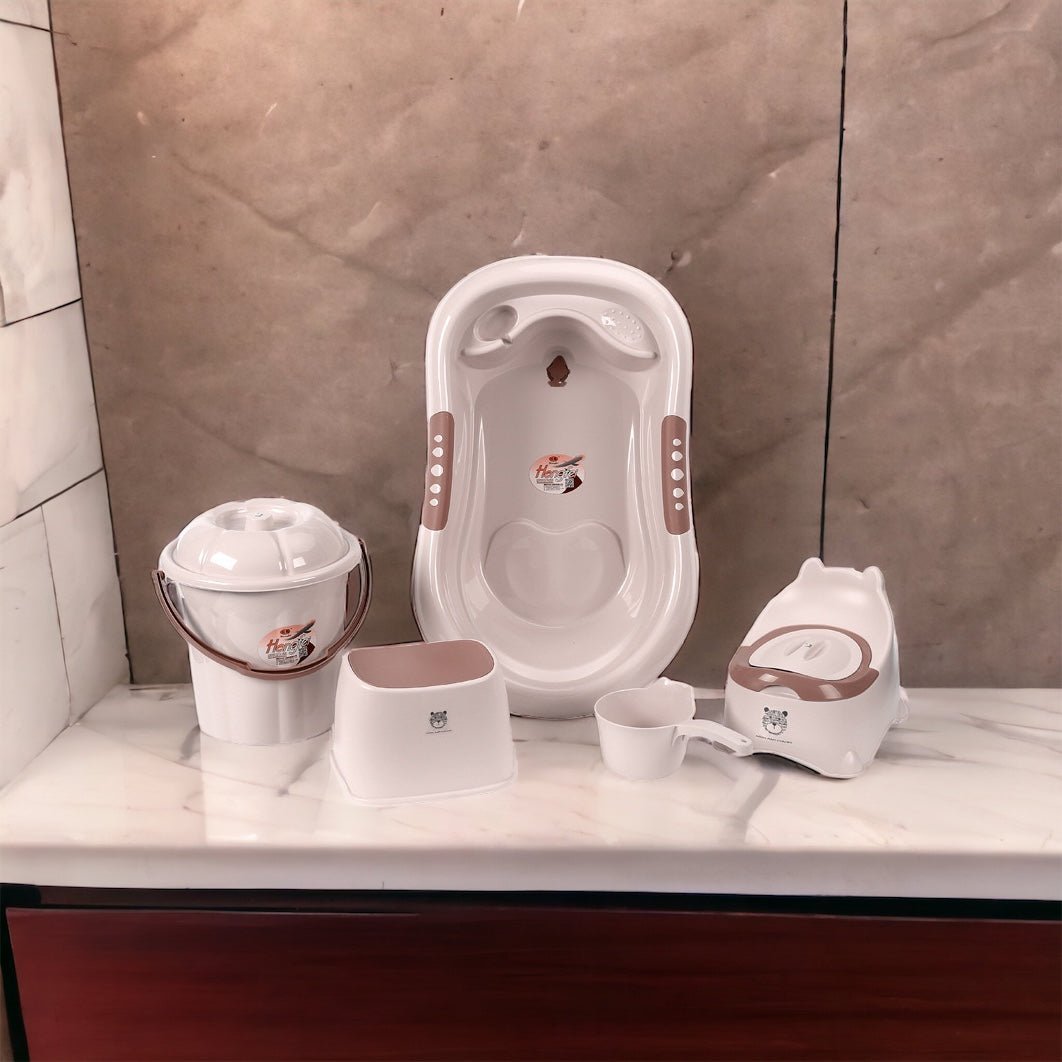 Khaki 5-piece baby bath set – ergonomic tub, bucket, tank, potty, non-slip chair – BPA-free