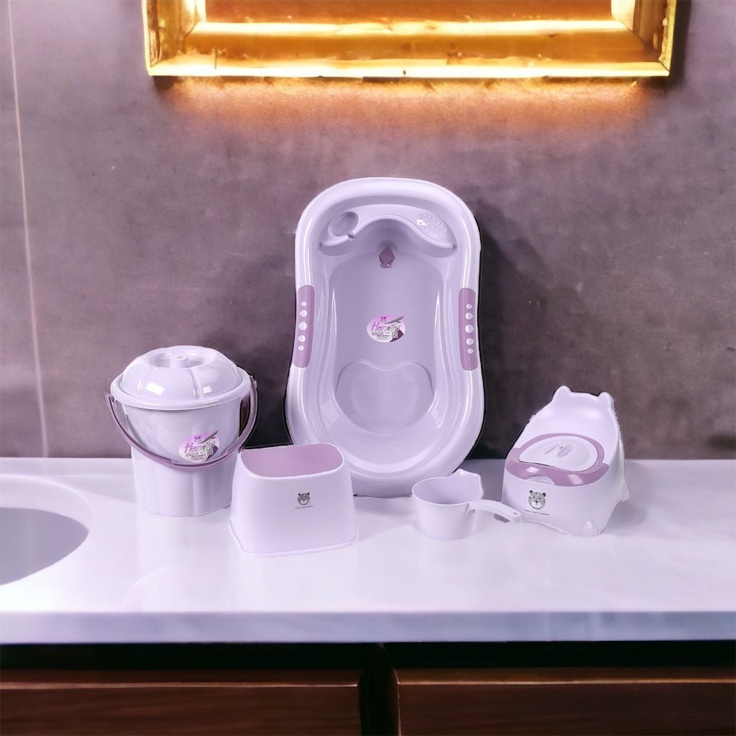 5-piece purple baby bath set – ergonomic tub, bucket, tank with spout, potty, non-slip chair, BPA-free design
