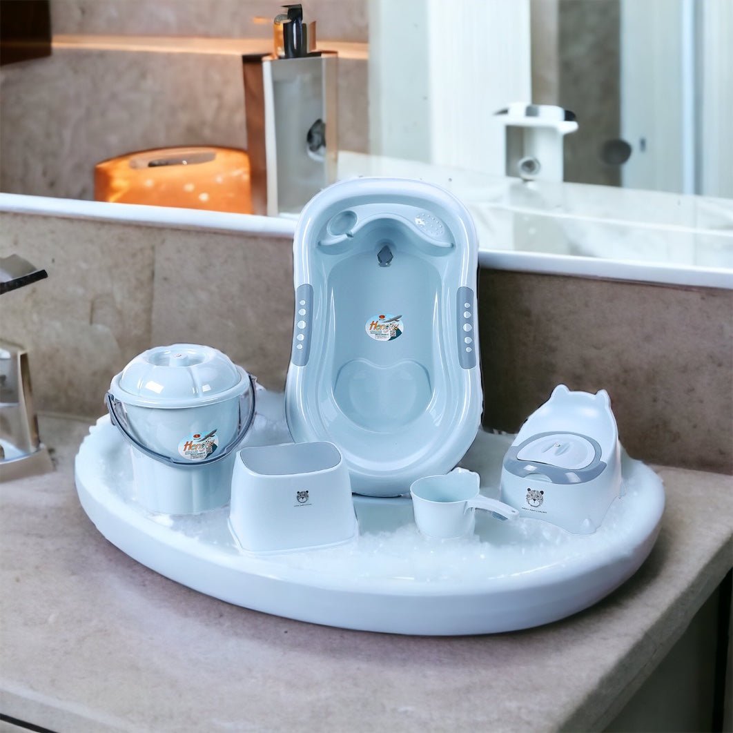 5-piece blue baby bath set – ergonomic bathtub, bucket, tank, potty, non-slip chair, BPA-free
