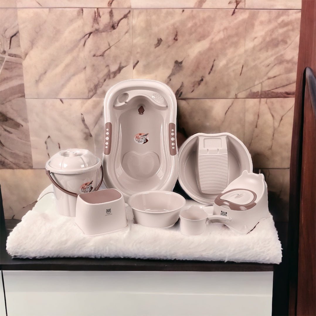 Khaki newborn 7-piece baby bath set with ergonomic bathtub, bucket, tank, chair, potty, and laundry basket; BPA-free.