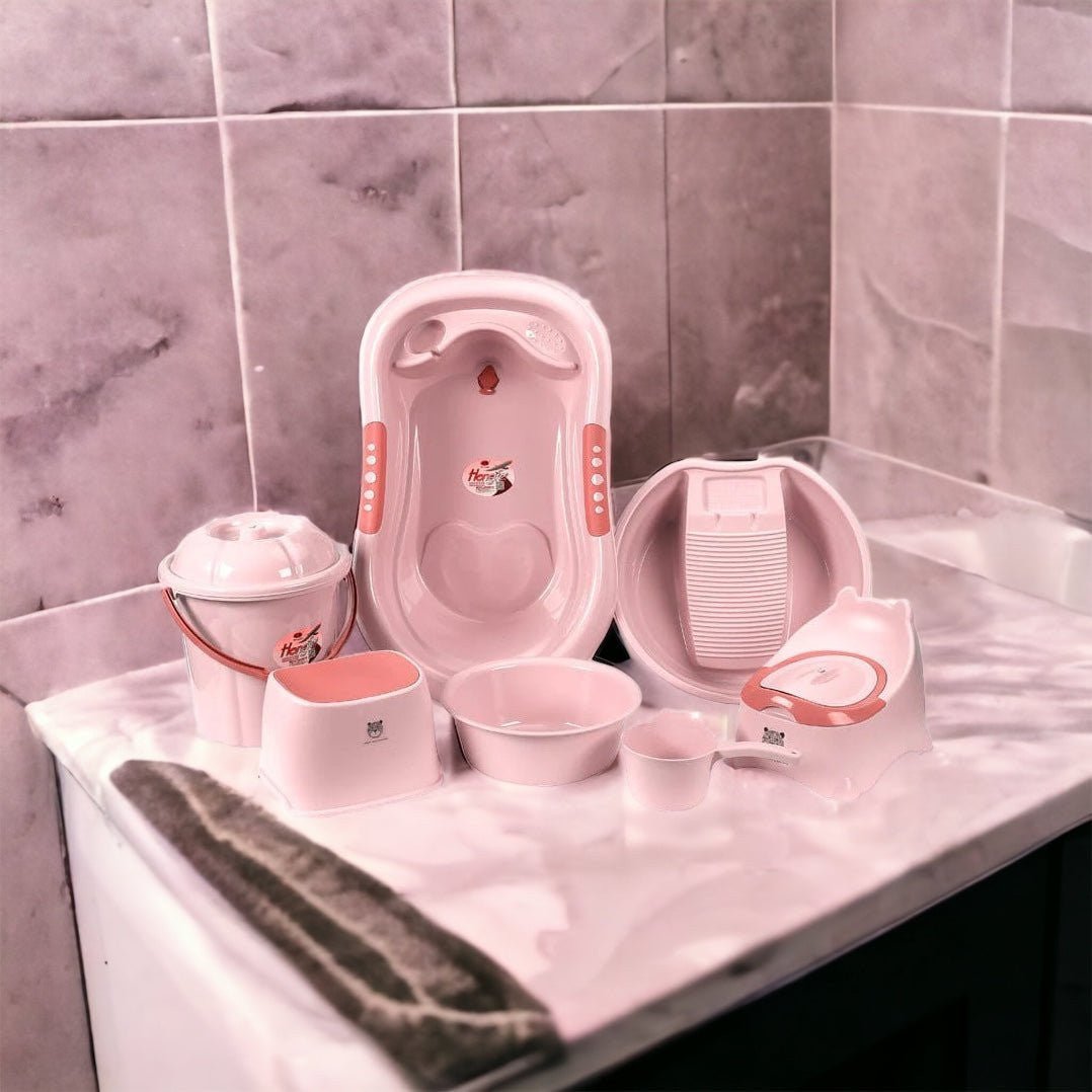 Pink newborn 7-piece bath set – ergonomic bathtub, bucket, tank, chair, potty, laundry basket, BPA-free