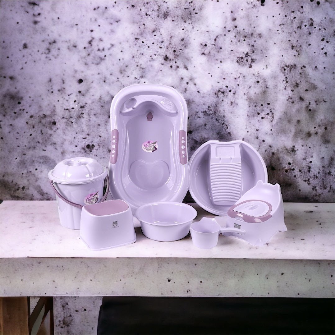 Purple newborn 7-piece baby bath set – ergonomic tub, bucket, tank, chair, potty, and laundry basket; BPA-free