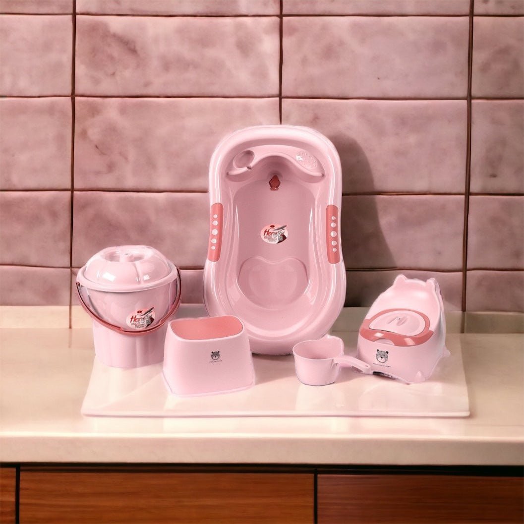 5-piece pink baby bath set – ergonomic tub, bucket, tank, potty, chair – BPA-free design