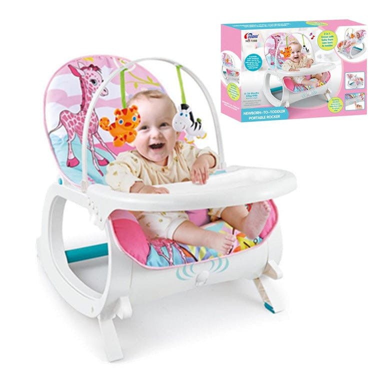Portable rocker transforming from newborn cradle with toy bar to toddler seat with recline and kickstand