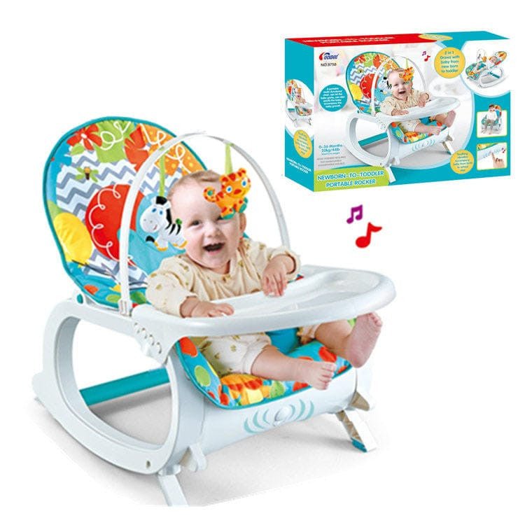 Portable rocker transforming from newborn cradle with toy bar to toddler seat with recline and kickstand