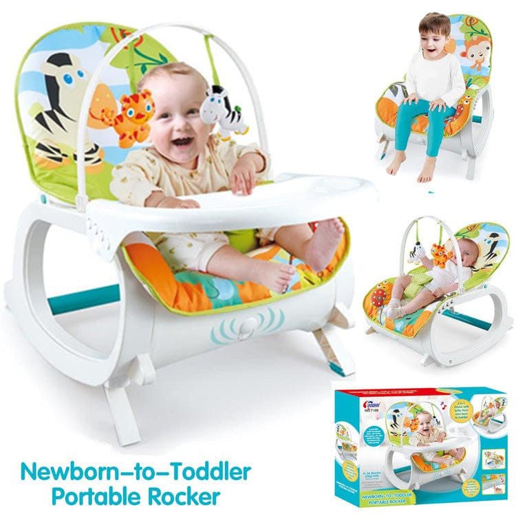 Portable rocker transforming from newborn cradle with toy bar to toddler seat with recline and kickstand