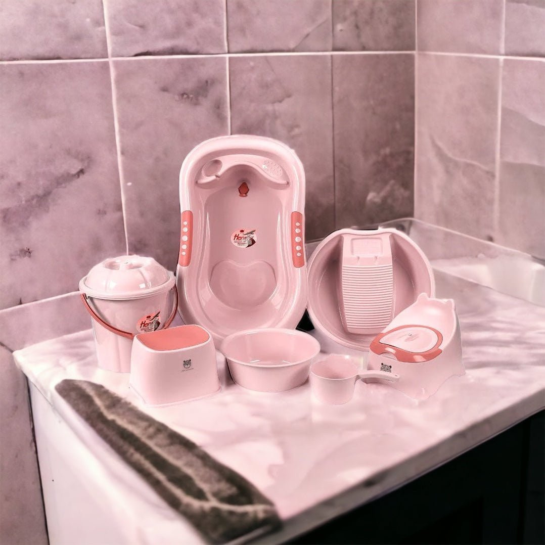 Pink Newborn Plastic Baby Bath Set 7 Pieces - Micky Mart